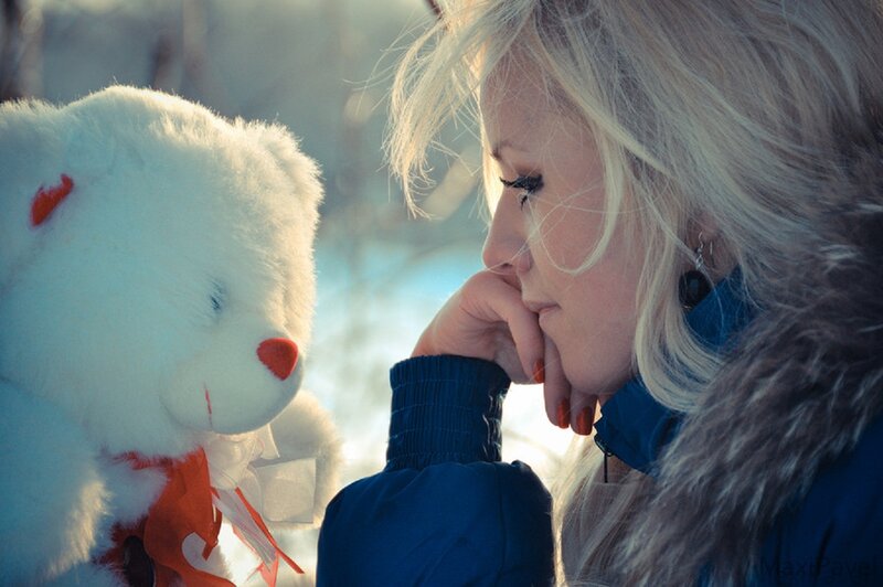 Woman with Teddy Bear — Blue