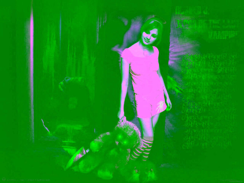 woman with teddy bear in green light