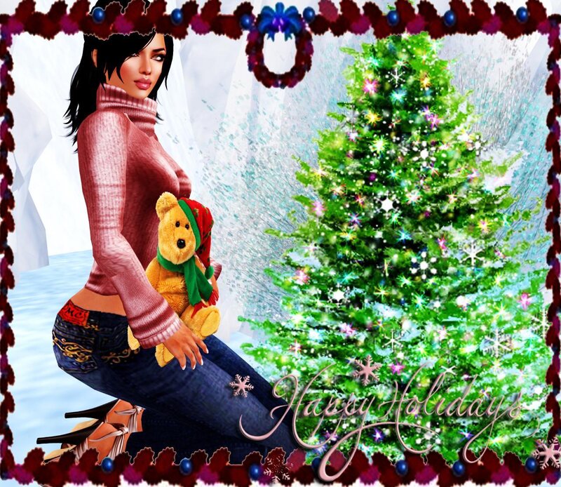 Woman with teddy bear near Christmas tree