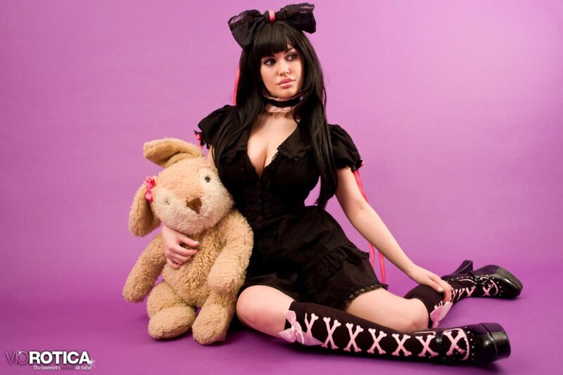 Woman with Teddy Bear — Purple, Playful, Photograph