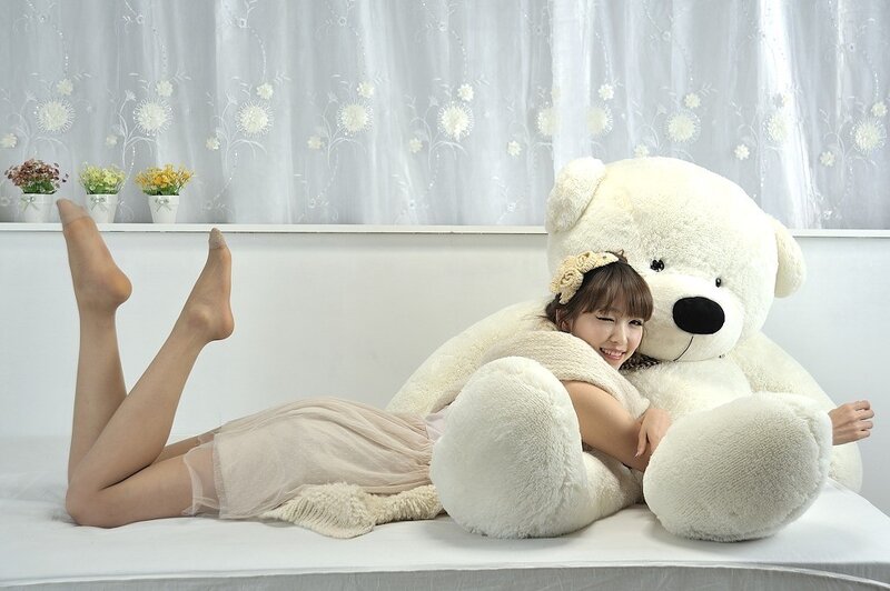 Woman with Teddy Bear — White, Calm, Photograph, Teddy Bear, Curtains