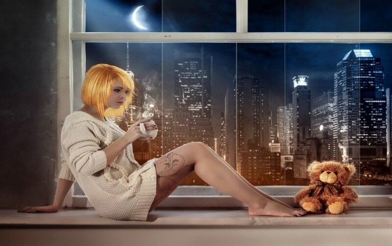 Woman with Teddy Bear — White, Contemplative, Night