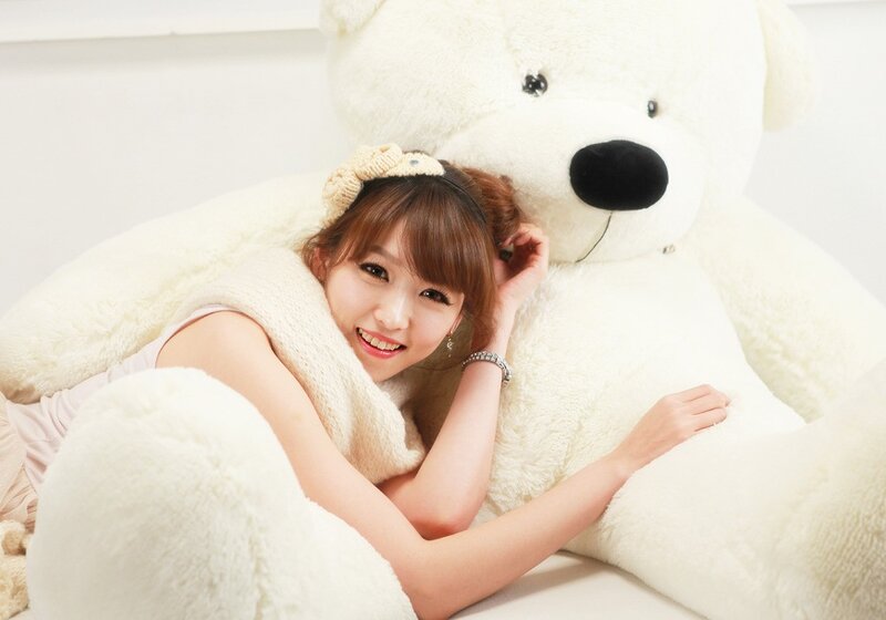 Woman with Teddy Bear — White, Happy