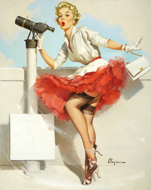 Woman with telescope on balcony