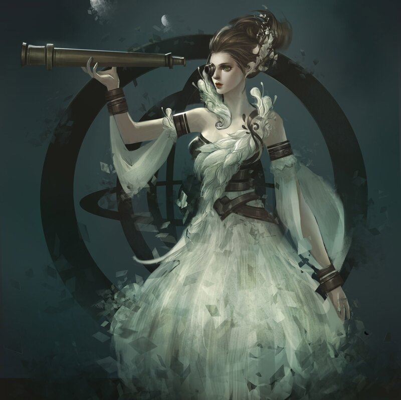 Woman with Telescope — White, Dramatic