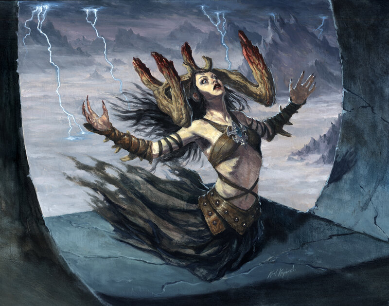 Woman with tentacle arms in storm