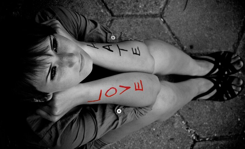 Woman with Text on Arms — Black, Dramatic