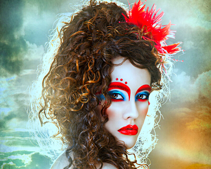 Woman with Theatrical Makeup — Red, Dramatic, Digital Art