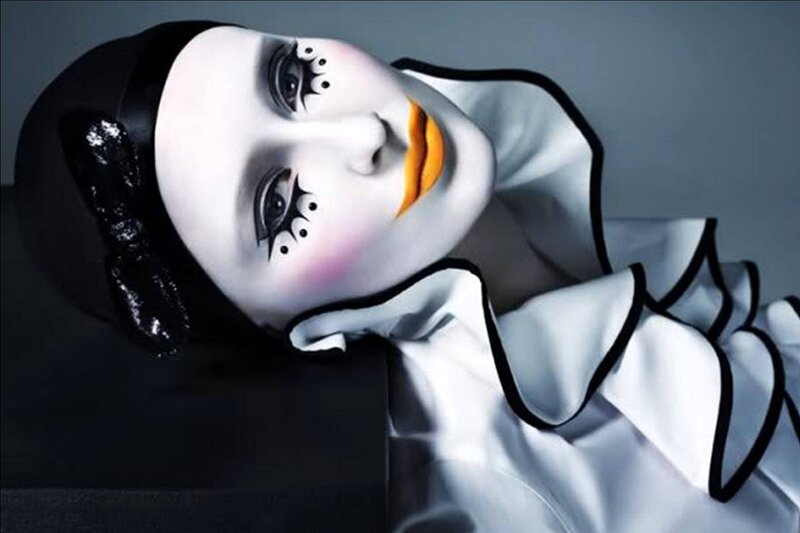 Woman with Theatrical Makeup — White, Dramatic, Photograph, Black Hat