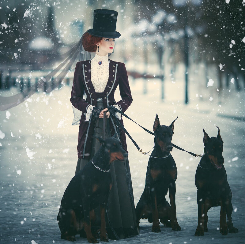 Woman with Three Dogs — Black