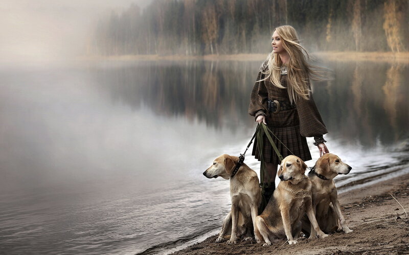 Woman with Three Dogs — Brown, Serene