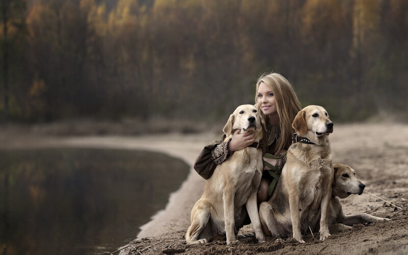 Woman with Three Dogs — Brown