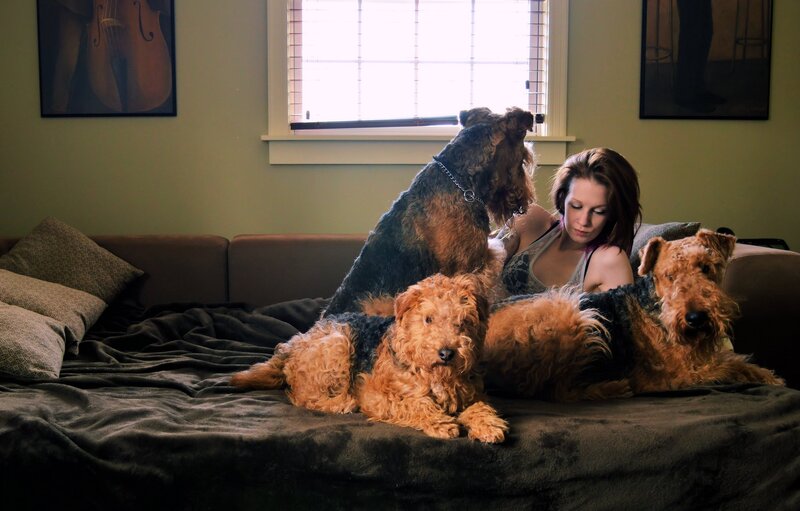 Woman with Three Dogs — Green