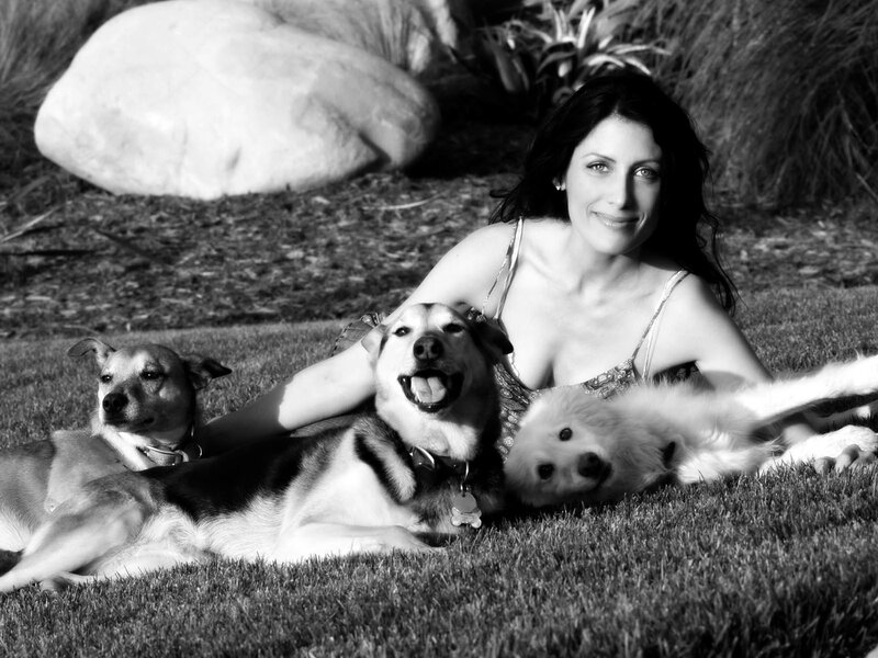Woman with three dogs on grass