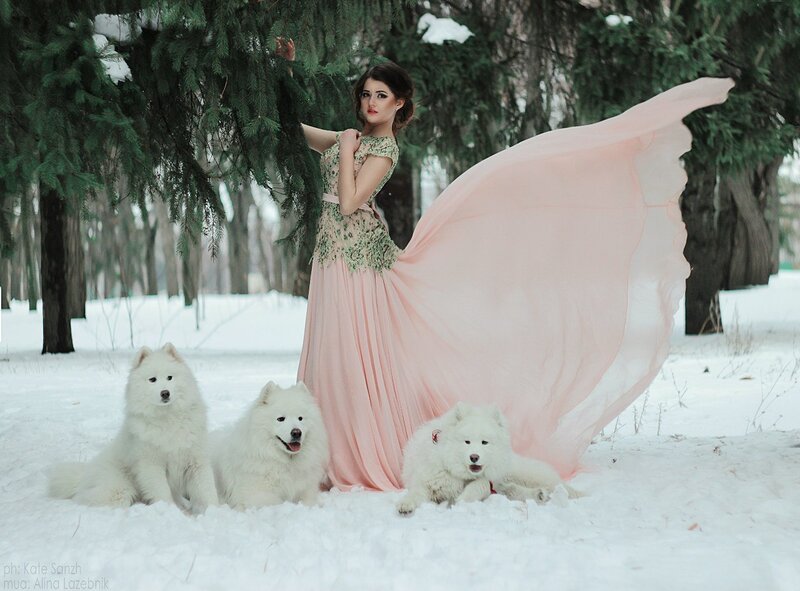 Woman with Three Dogs — White, Serene