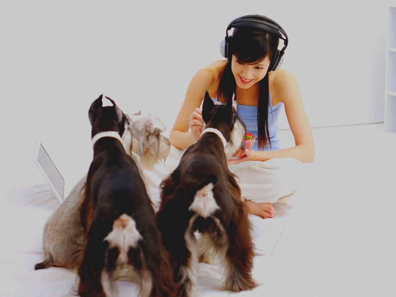 Woman with Three Dogs — White