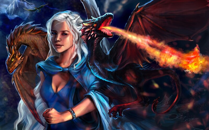 Woman with Three Dragons — Blue, Dramatic