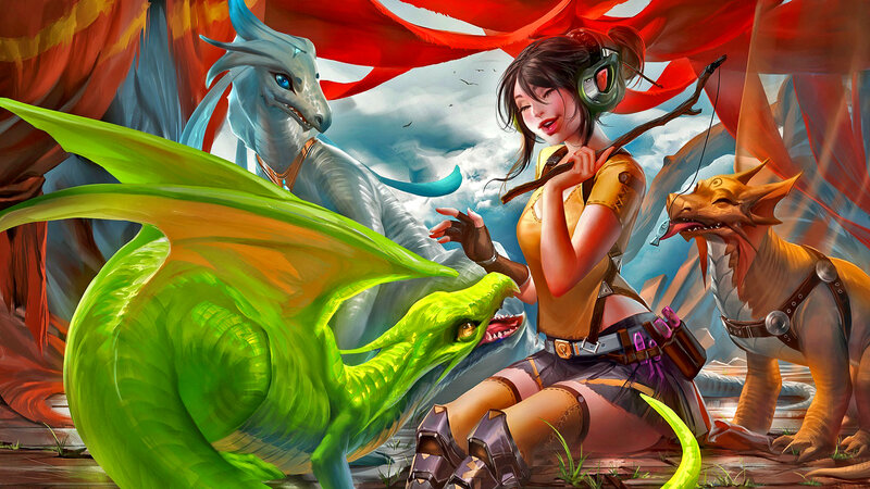 Woman with Three Dragons — Green, Dramatic