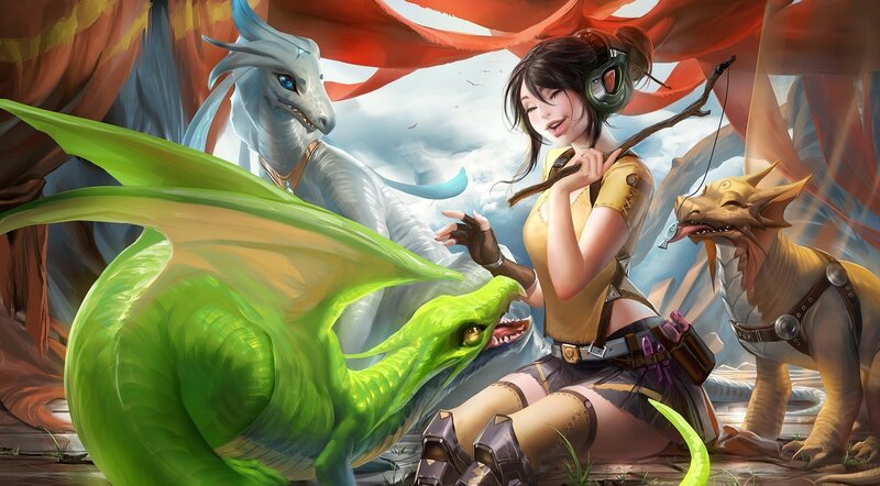 Woman with Three Dragons — Green, Playful