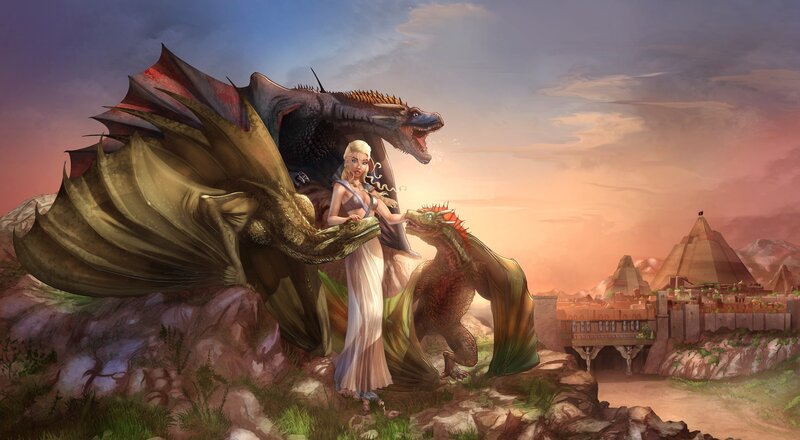 Woman with Three Dragons — Orange, Dramatic, Sunset, Digital Art, Castle