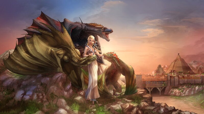 Woman with Three Dragons — Orange, Dramatic, Sunset, Digital Art