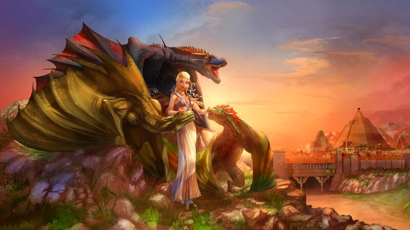 Woman with Three Dragons — Orange, Dramatic, Sunset
