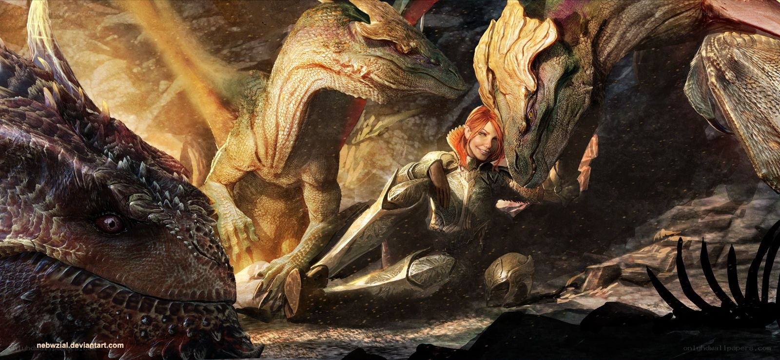 woman with three dragons