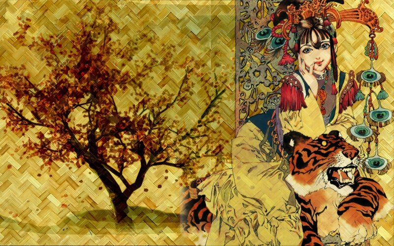 woman with tiger and autumn tree