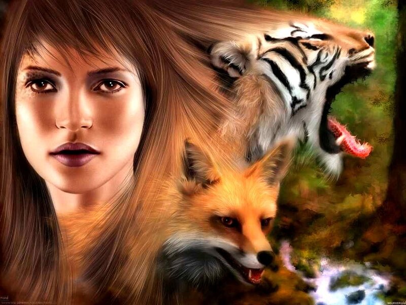 woman with tiger and fox