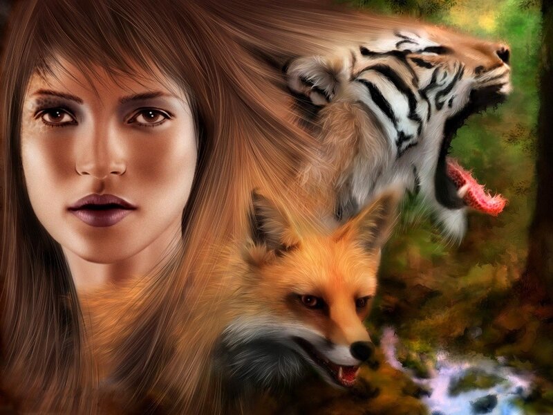Woman with Tiger and Fox — Brown