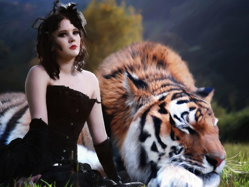 Woman with Tiger — Black, Dramatic, Digital Art, Corset
