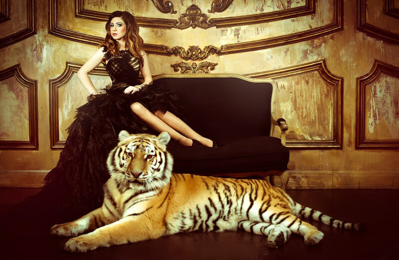 Woman with Tiger — Black, Dramatic, Photograph, Sofa