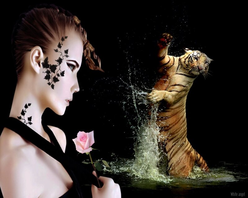 Woman with Tiger — Black, Dramatic