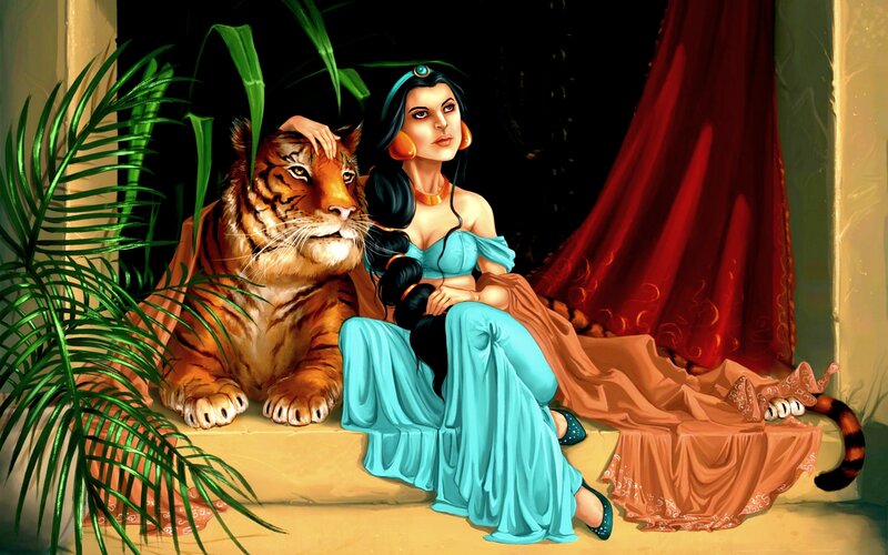 Woman with Tiger — Blue, Dramatic