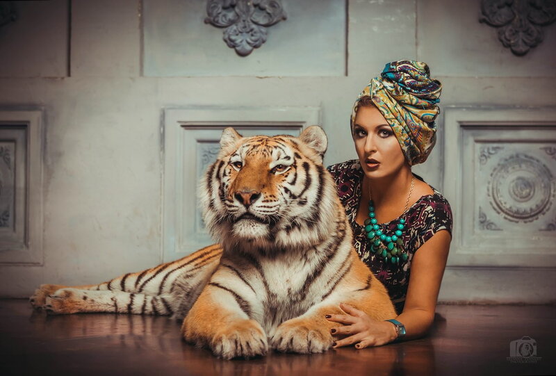 Woman with Tiger — Brown, Dramatic, Photograph, Headscarf
