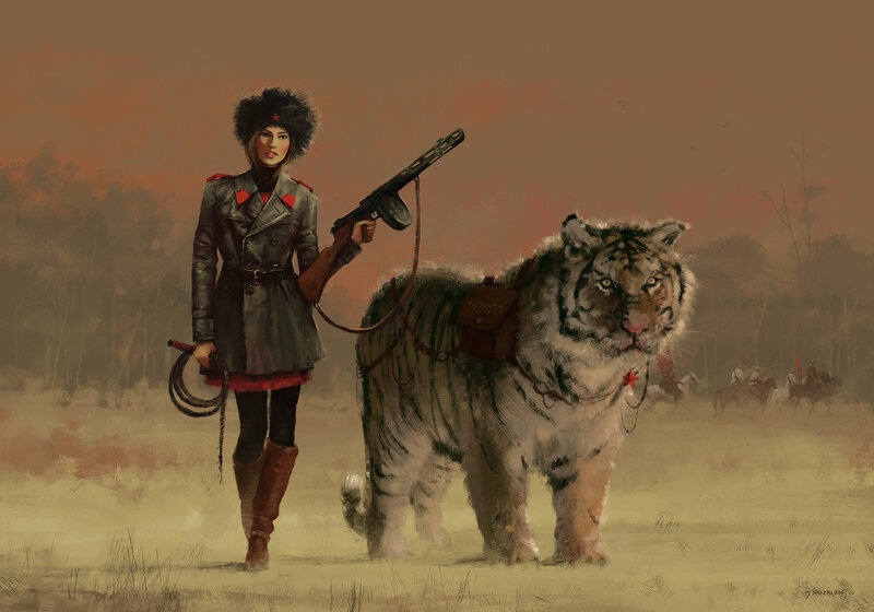 Woman with Tiger — Brown, Dramatic, Sunset, Digital Art