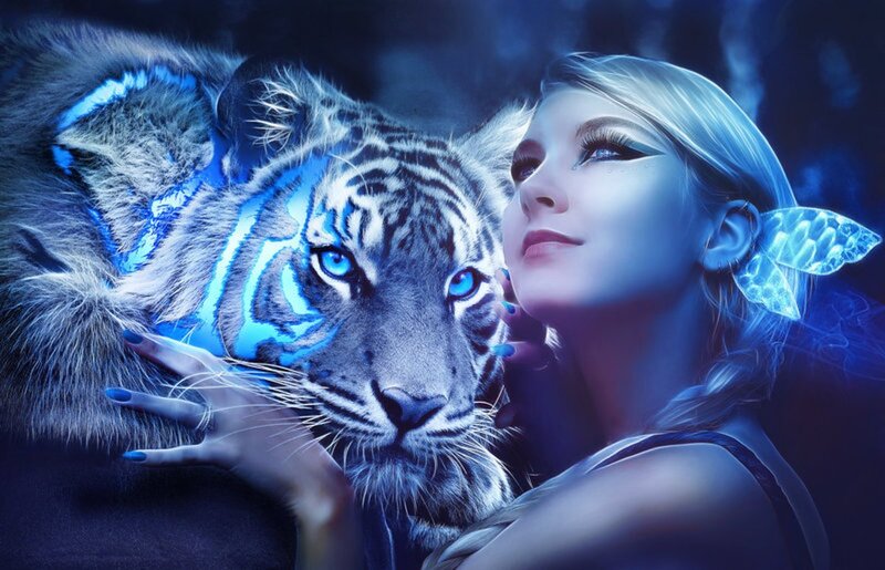 Woman with Tiger Cub — Blue, Serene