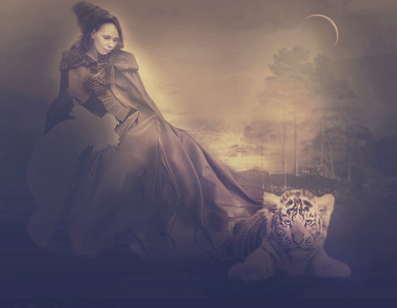 Woman with Tiger Cub — Brown, Dramatic