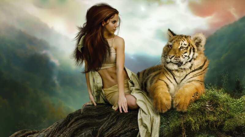 Woman with Tiger Cub — Green
