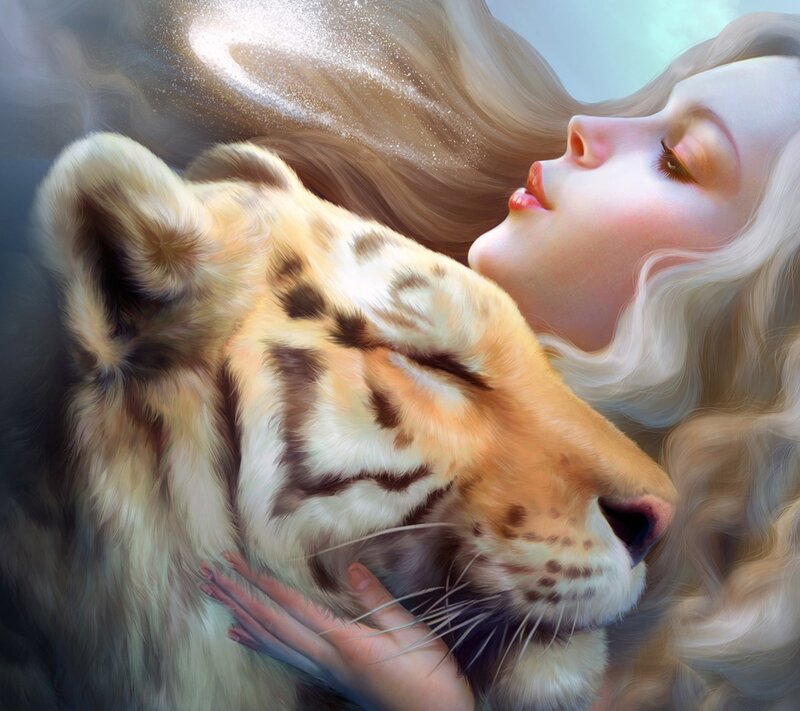 Woman with Tiger Cub — White, Serene, Digital Art, Tiger Cub