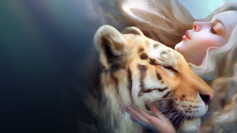 Woman with Tiger Cub — White, Serene