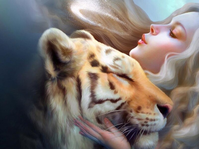 Woman with Tiger Cub — White