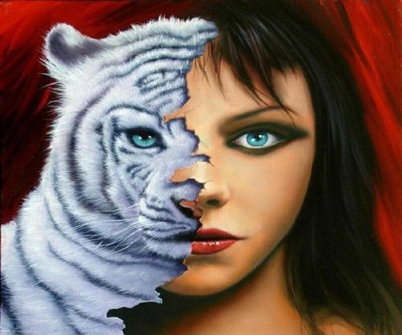 Woman with Tiger Face — Red