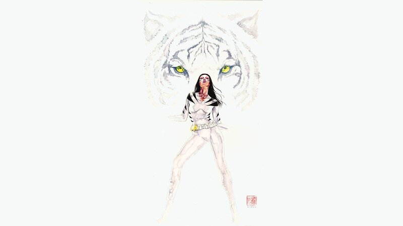 Woman with Tiger Face — White, Dramatic, Illustration