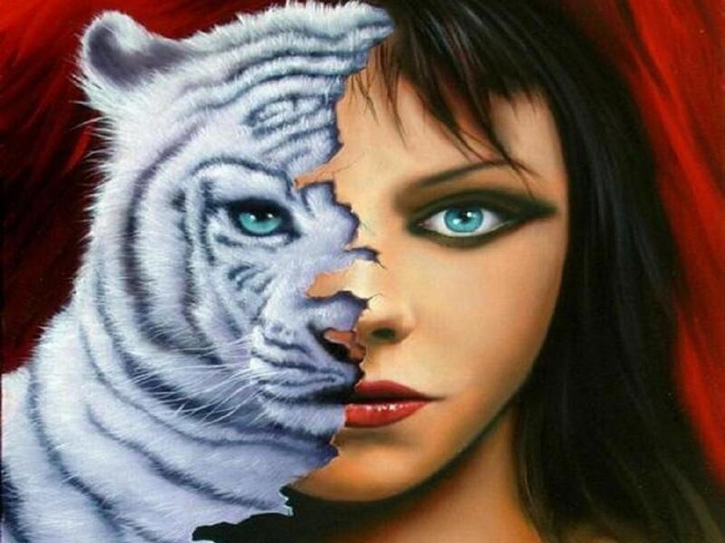 Woman with Tiger Face — White, Dramatic