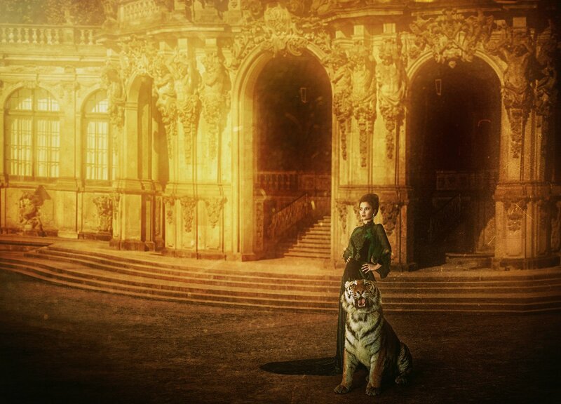 Woman with Tiger — Gold, Dramatic, Night