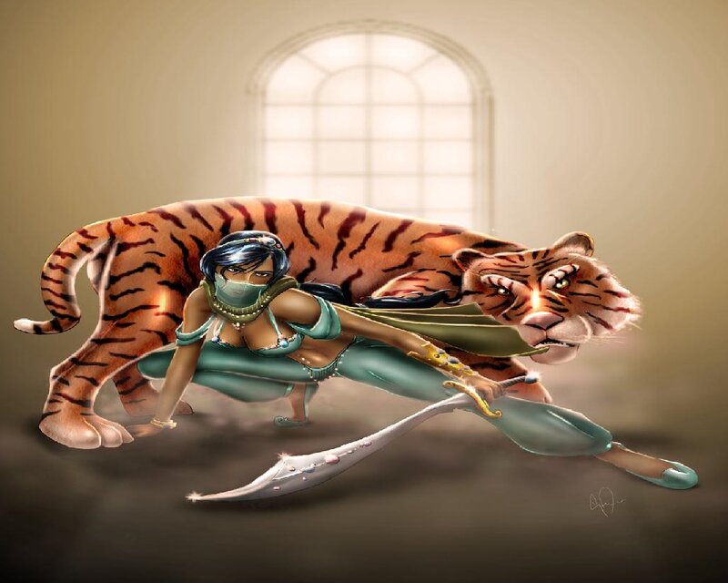 Woman with Tiger — Green, Dramatic, Digital Art