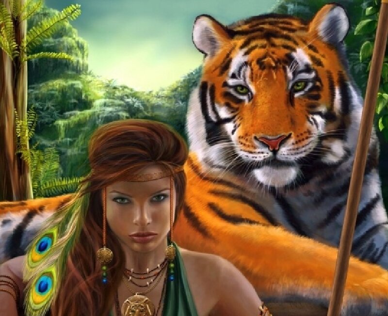 Woman with Tiger — Green, Serene