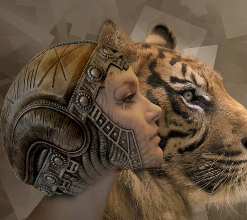 Woman with Tiger Head — Brown, Dramatic, Digital Art