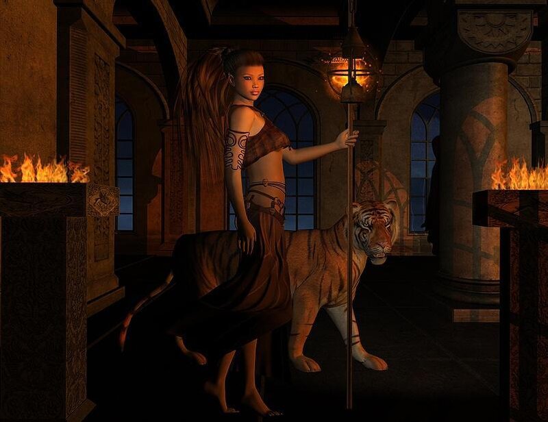 woman with tiger in castle